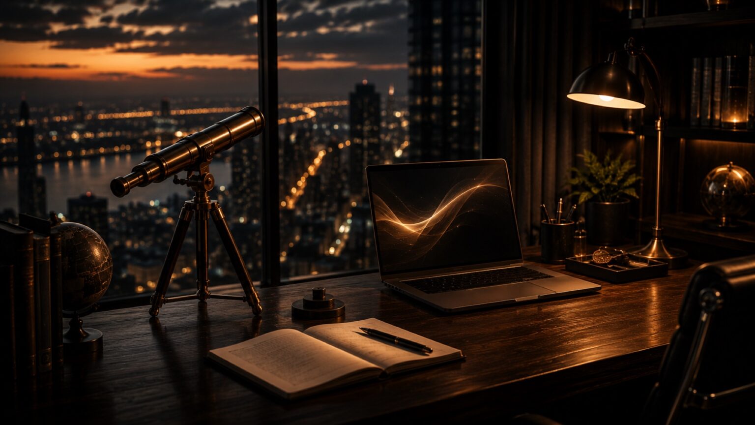 Brass telescope aimed at glowing city lights from a dark wood desk with laptop