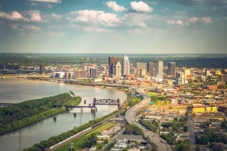 Aerial photograph of the Louisville Kentucky skyline and Ohio River shot by Shaun Wilson