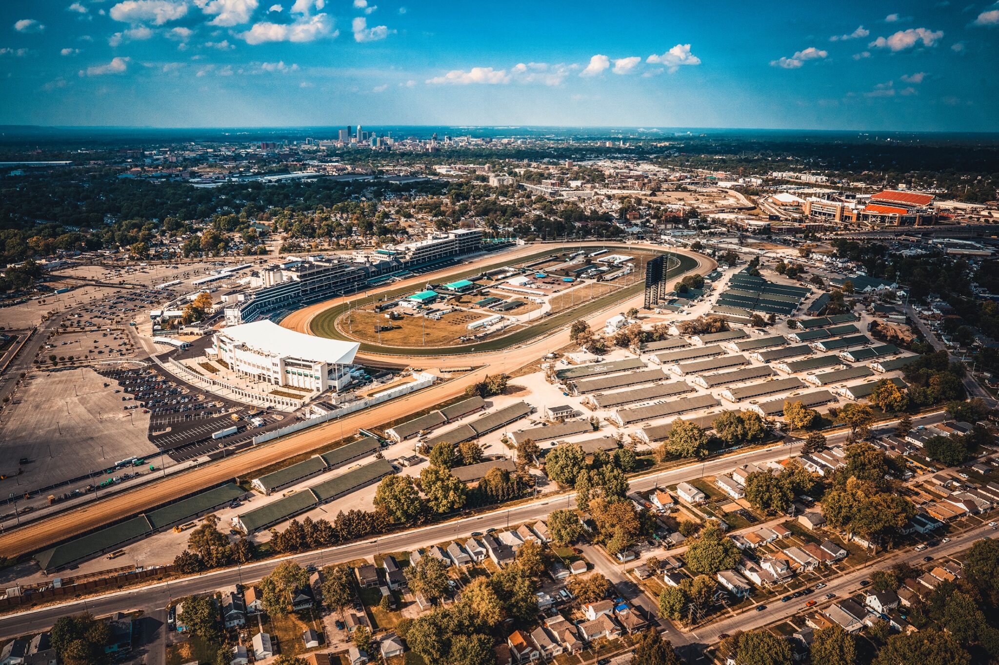 Helicopter aerial photograph of Churchill Downs racetrack in Louisville