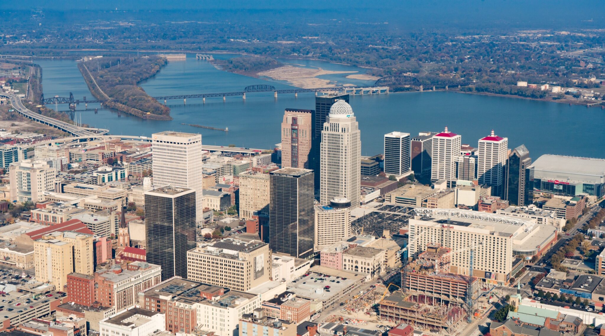 Aerial panorama of downtown Louisville and the Ohio River