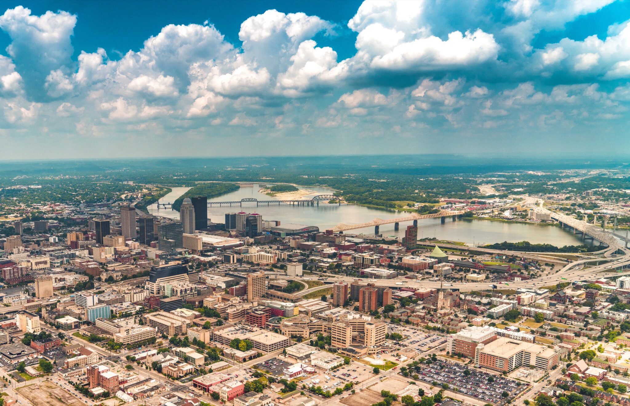 High-altitude helicopter aerial photograph over Louisville Kentucky