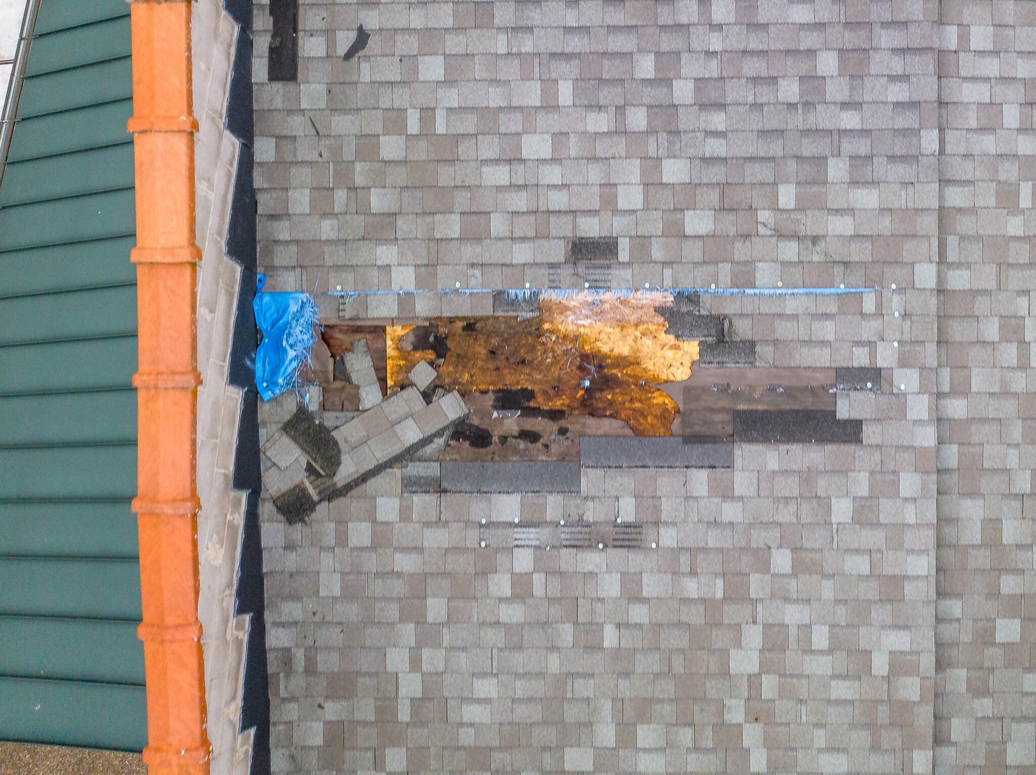 Aerial roof inspection photograph showing full roof condition detail