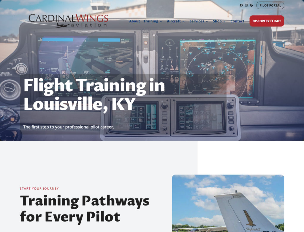 Cardinal Wings Aviation flight training website page with modern cockpit photography