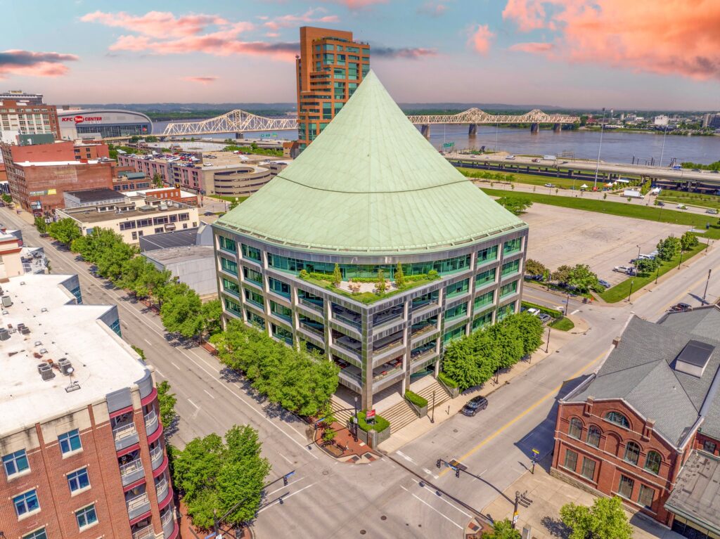 Aerial view over Louisville, Kentucky showing the urban street grid and buildings