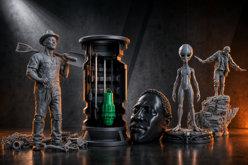 Cru Bear 3D printed statues and engineering prototype display with dramatic lighting