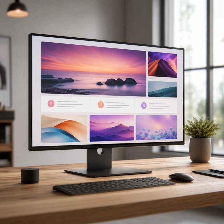 Modern web design workspace with a widescreen monitor displaying an elegant website layout