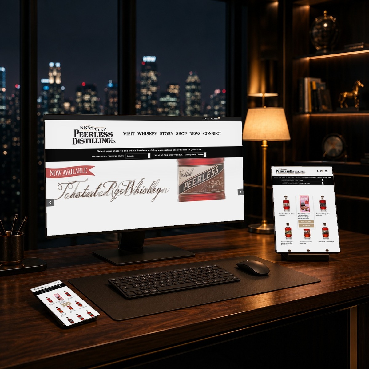 Shop Peerless bourbon store on a desktop monitor, tablet and phone, built and run by Shaun Wilson Designs in Louisville