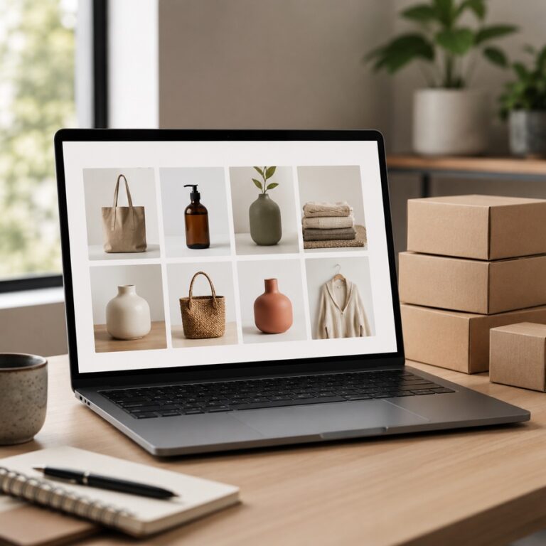 Laptop displaying a modern online store product grid with shipping boxes beside it