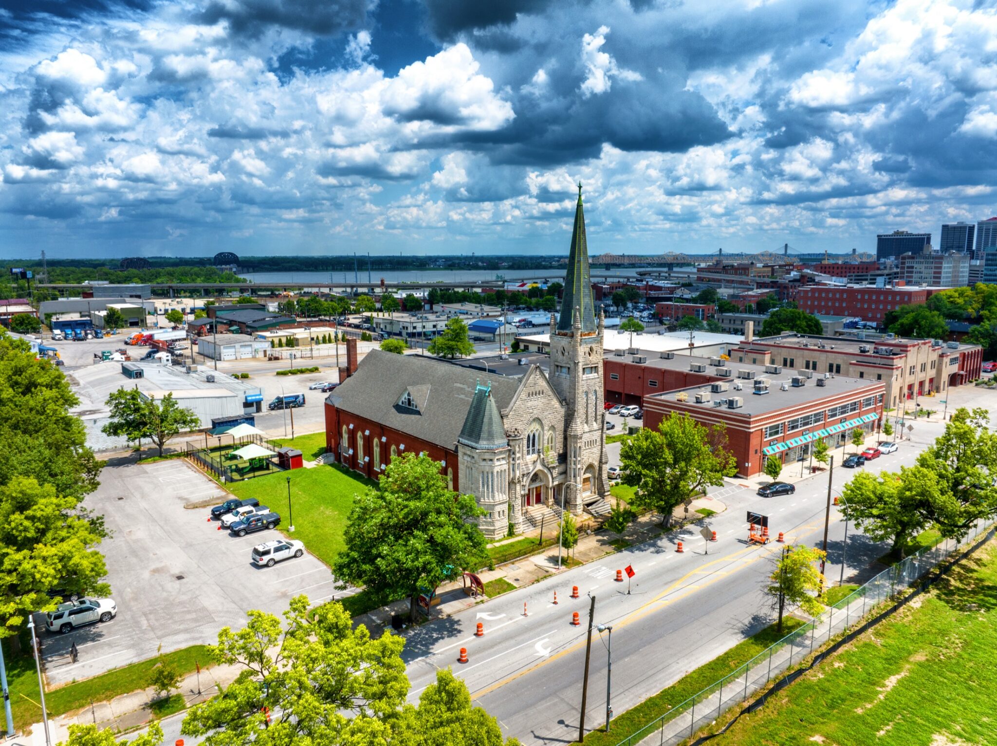 Drone photograph of a commercial building exterior captured for inspection documentation