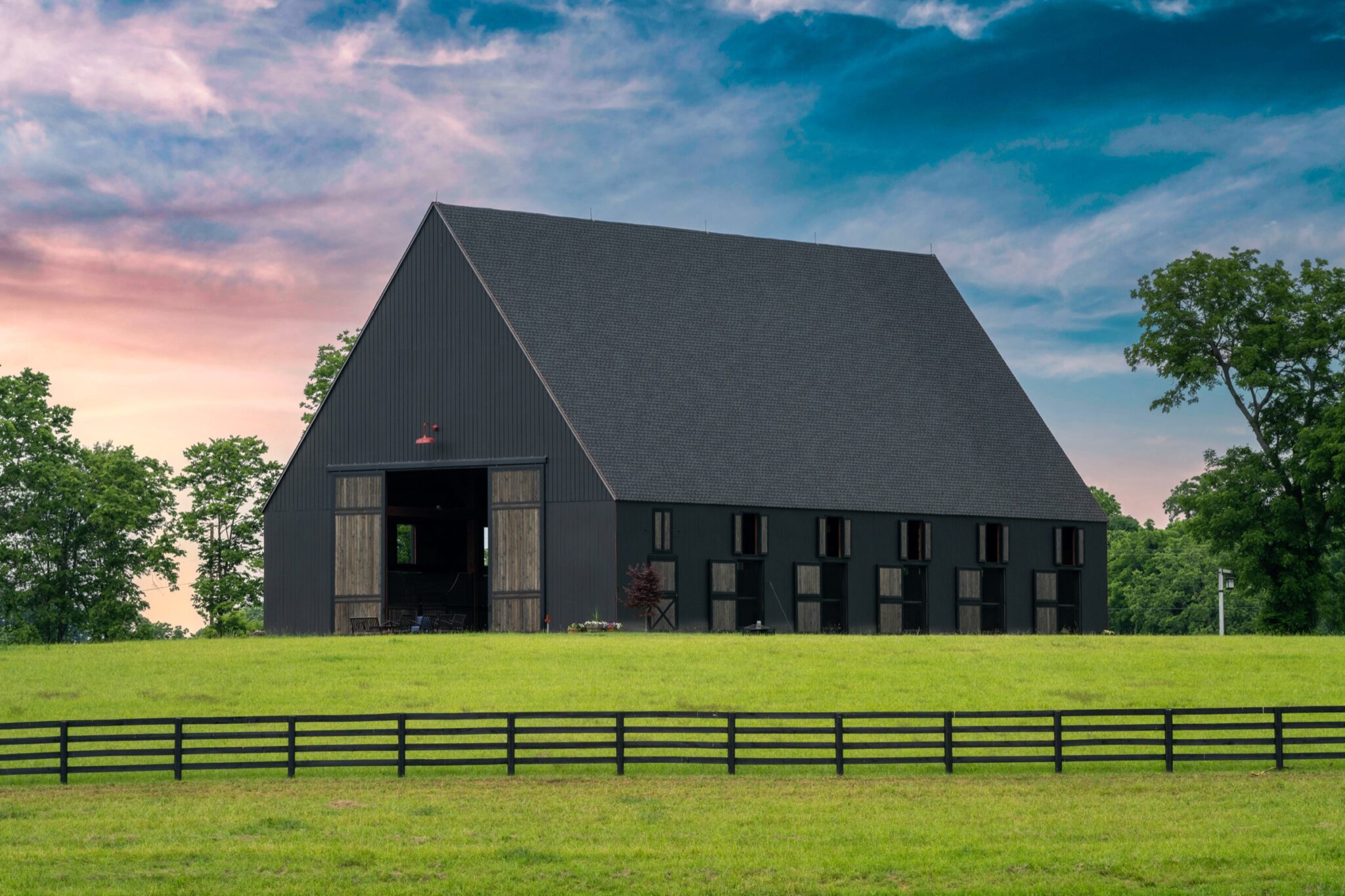 Kentucky horse farm barn photographed at twilight near Lexington