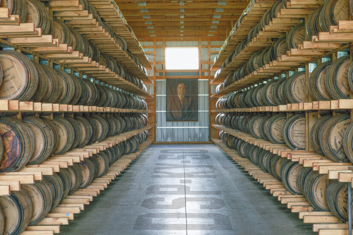 Bourbon rickhouse barrel corridor photographed by Shaun Wilson in Kentucky