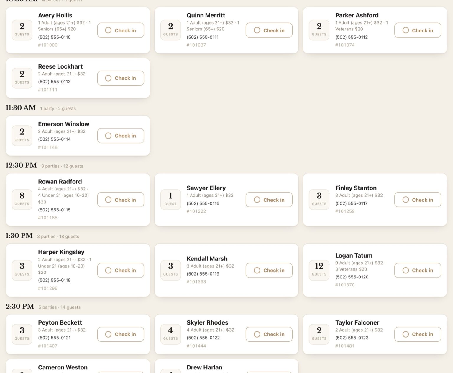 Check-in board section showing multiple tour times with party cards, fictional guest data