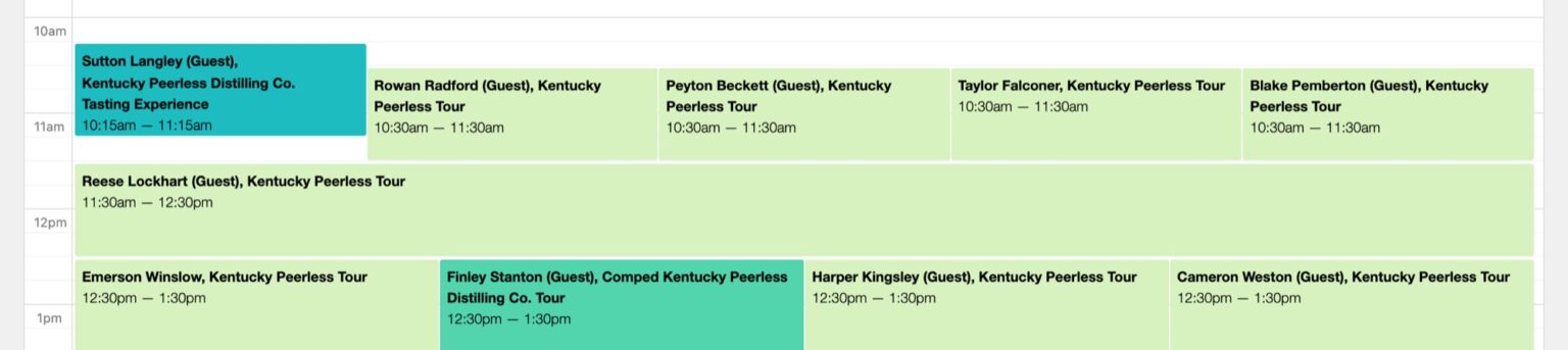 WooCommerce Bookings day calendar showing distillery tour reservations with fictional guest names