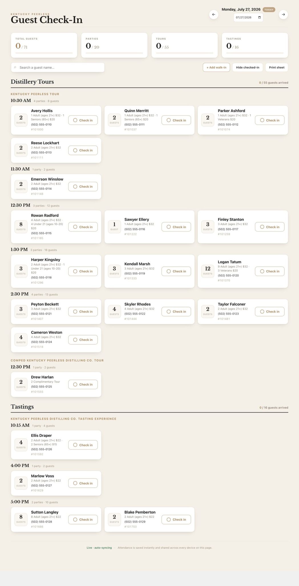 Custom WordPress guest check-in board for distillery tours with fictional guest data