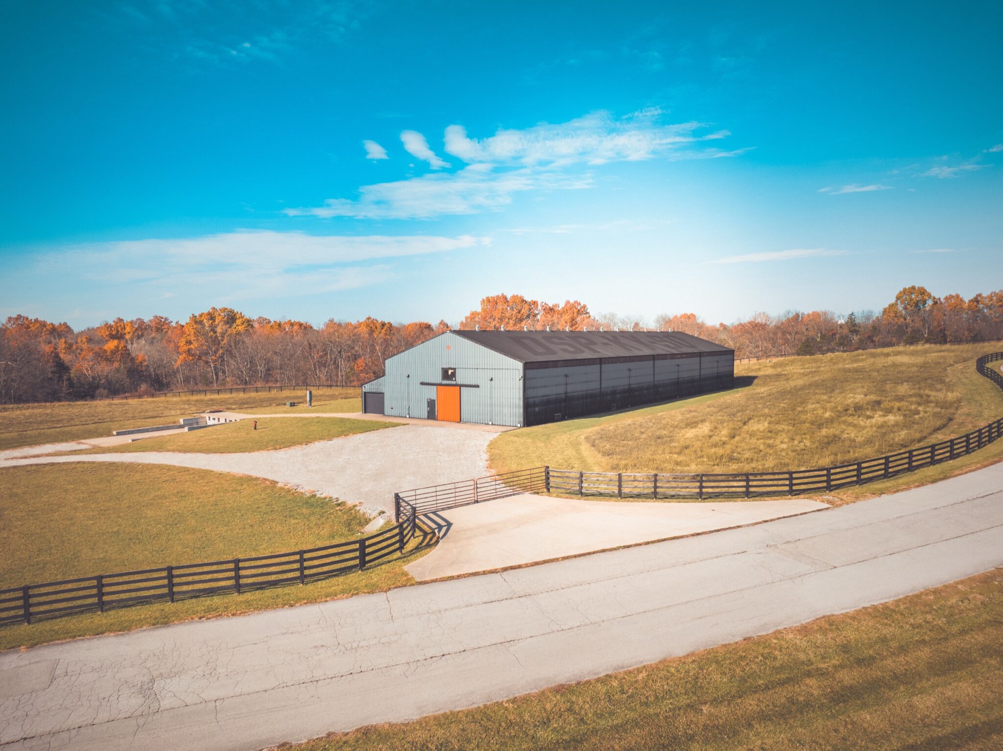 Aerial view of the Kentucky Peerless rickhouse in autumn