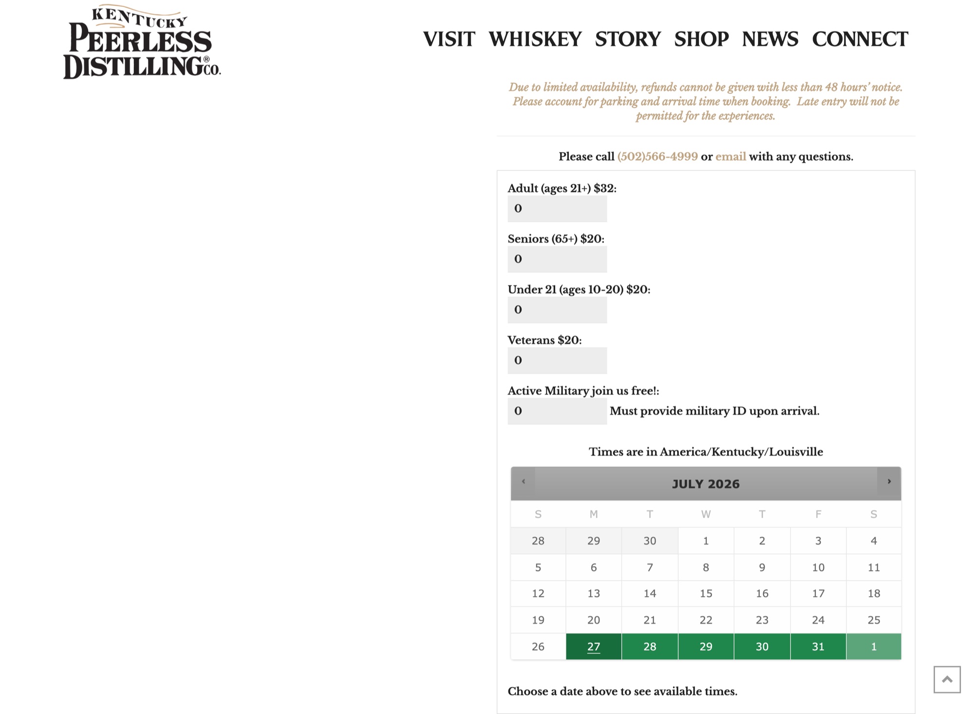 Kentucky Peerless tour booking form with ticket types and an availability calendar, built on WooCommerce Bookings by Shaun Wilson Designs