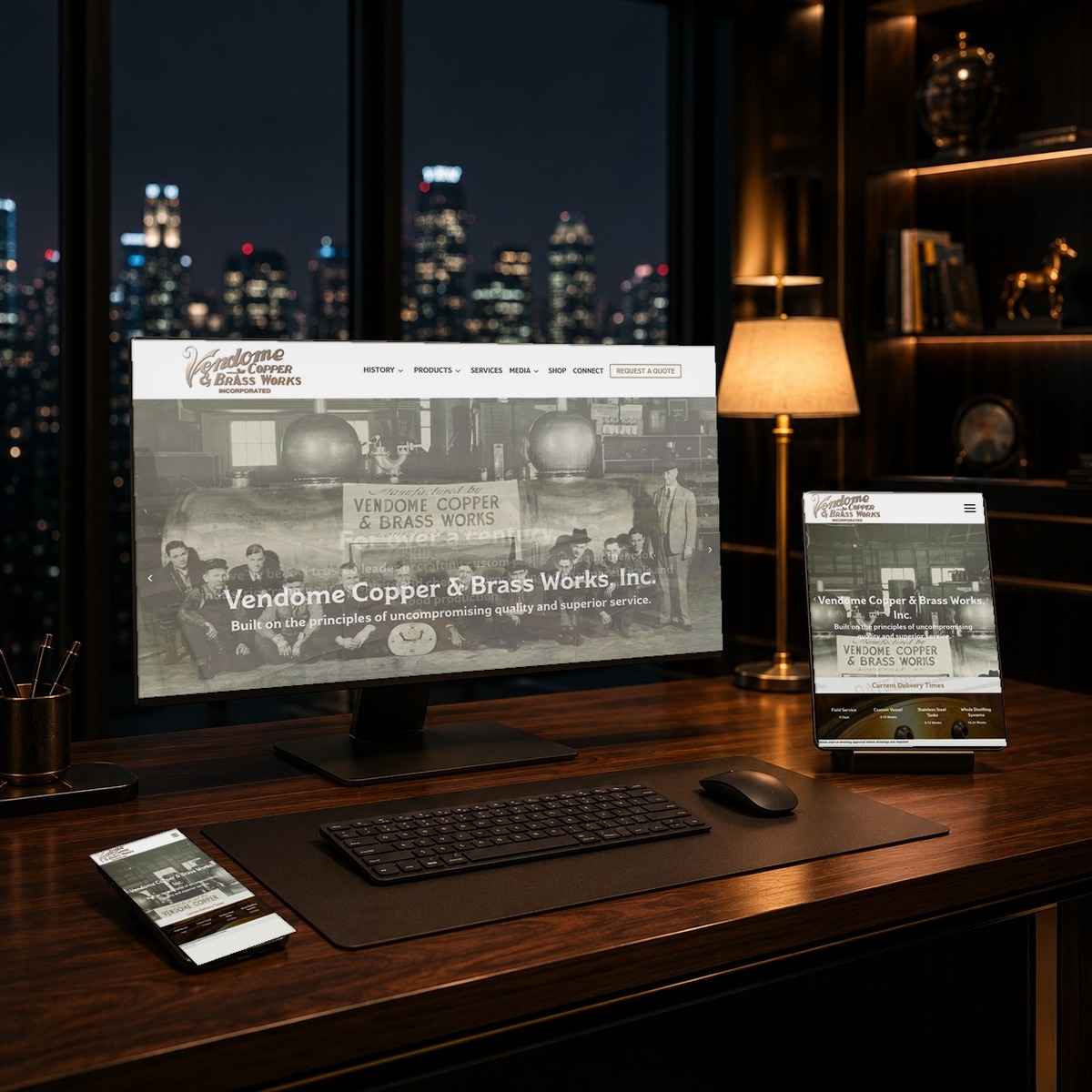 Vendome Copper and Brass Works website shown on a desktop monitor, tablet and phone at once, responsive web design by Shaun Wilson Designs in Louisville