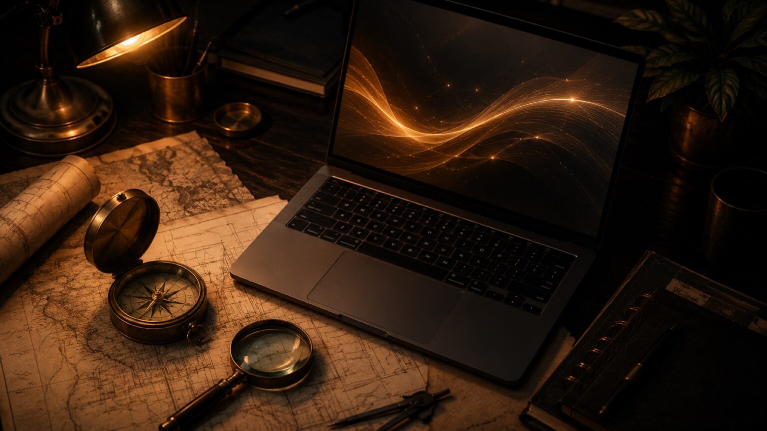 Brass compass and maps beside a laptop with rising light curves, symbolizing search discovery