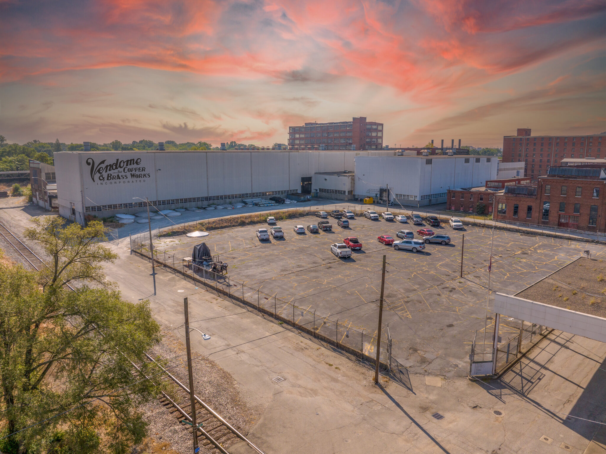 Aerial photograph of the Vendome Copper and Brass Works facility in Louisville at sunset