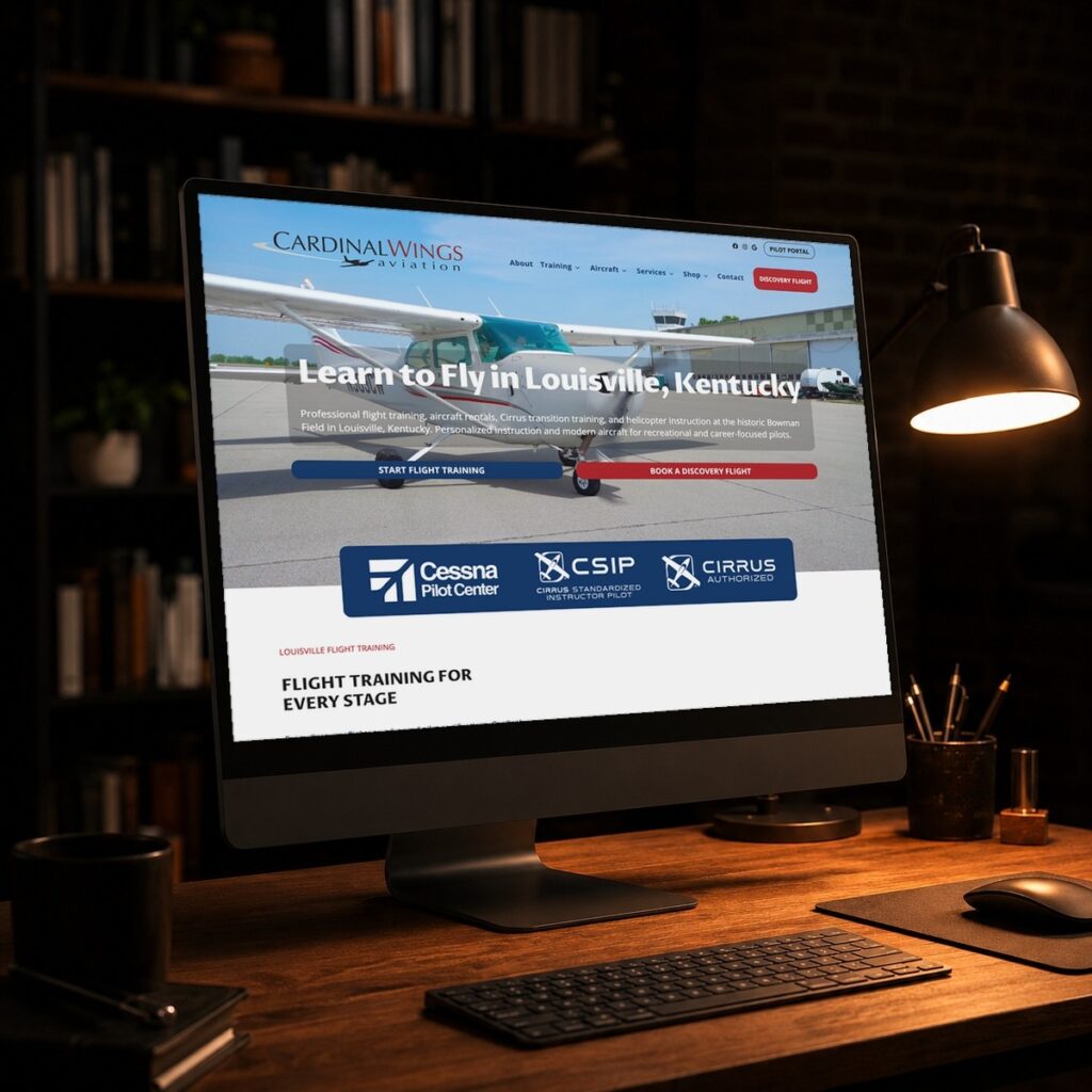 Cardinal Wings Aviation website on a desktop monitor in a dark studio, web design by Shaun Wilson Designs in Louisville