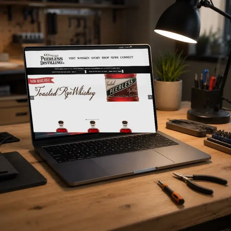 Laptop on a workbench showing the Shop Peerless bourbon store built by Shaun Wilson Designs