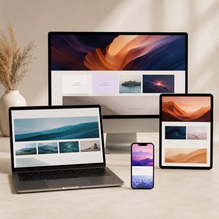 Desktop, laptop, tablet and phone displaying modern responsive website designs