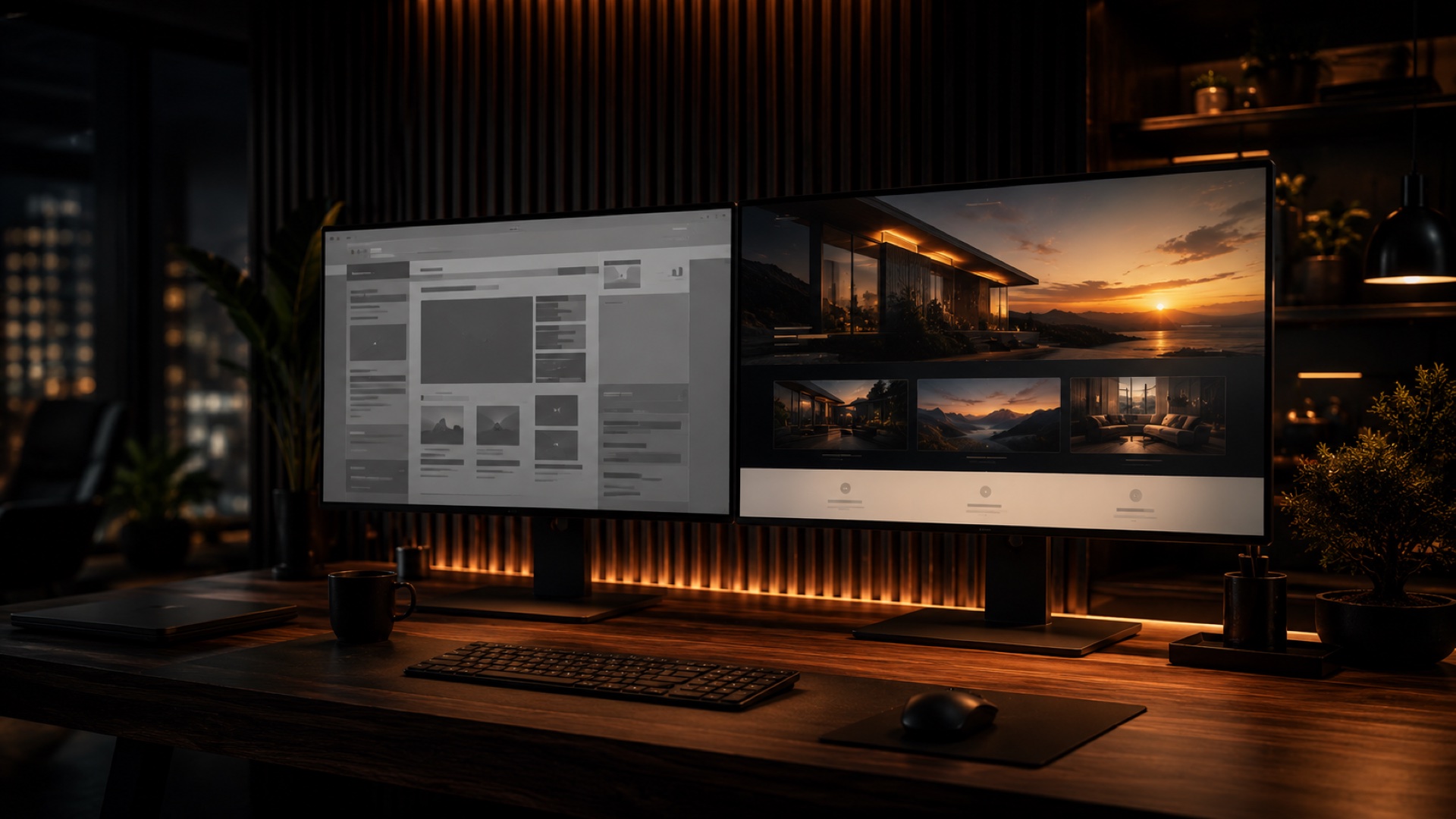 Two monitors side by side showing an outdated gray website transforming into a modern elegant design