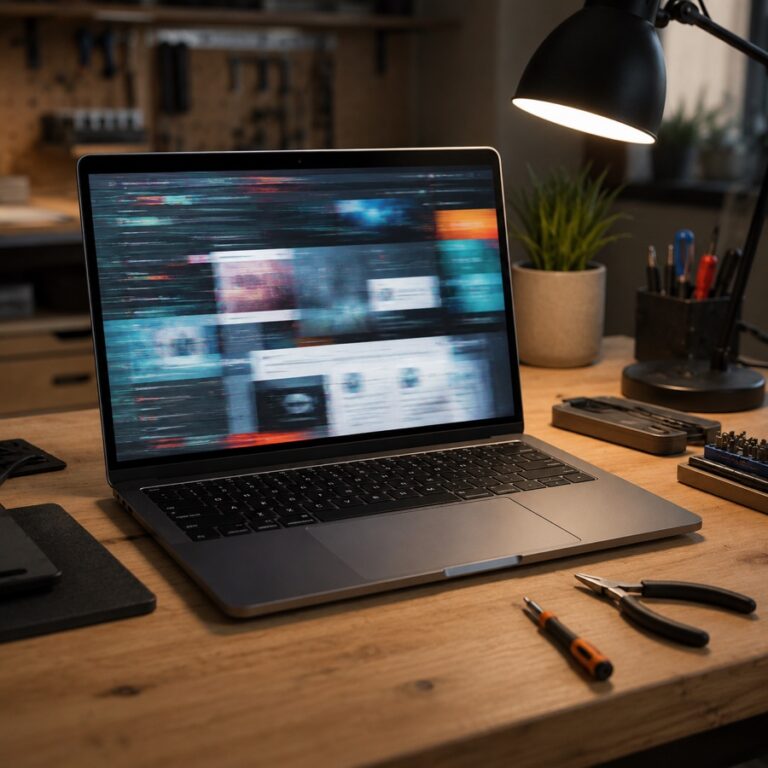 Laptop with a glitched screen on a workbench with precision tools, representing website repair