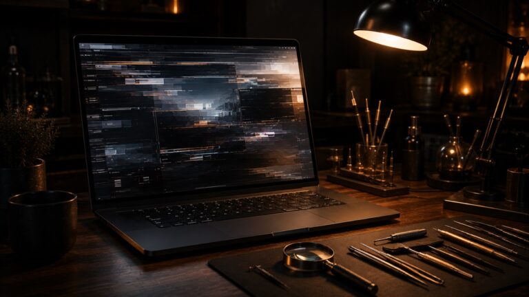 Repair workbench with a glitched laptop and precision tools under warm amber lamp light