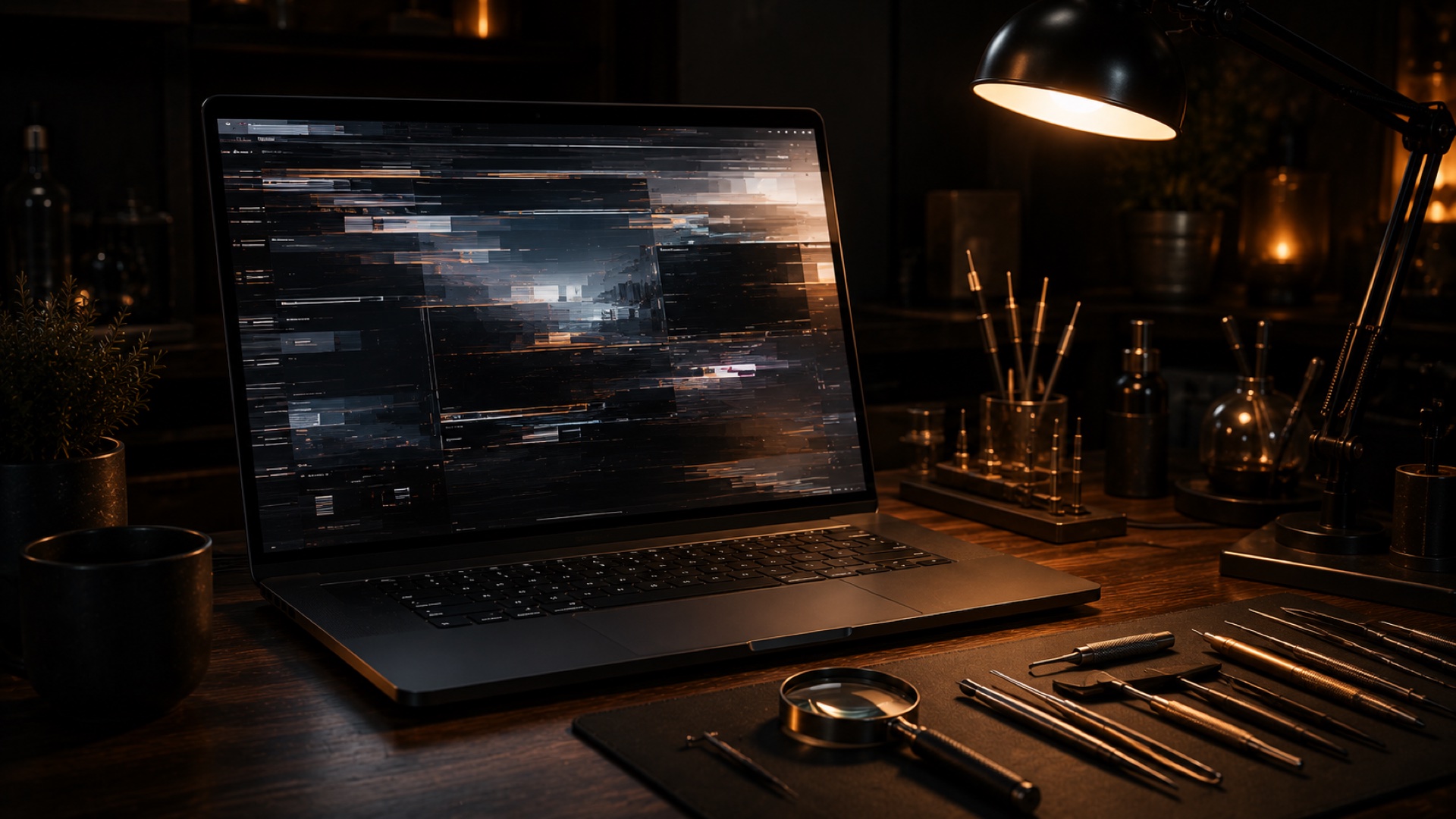 Repair workbench with a glitched laptop and precision tools under warm amber lamp light