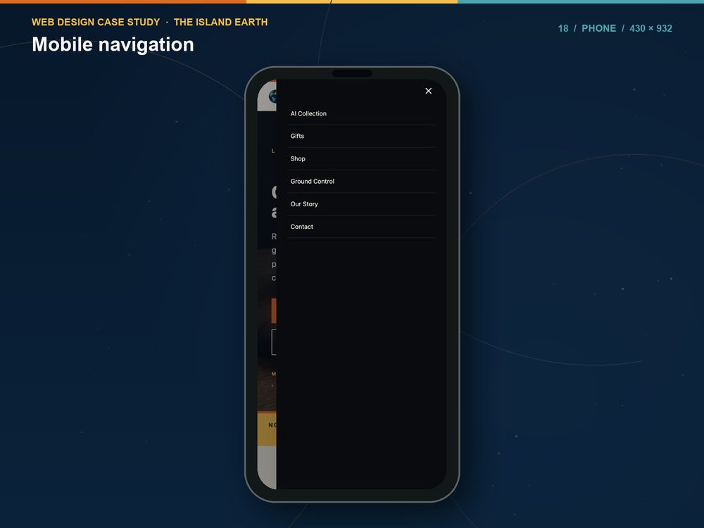 The Island Earth mobile navigation menu open on a phone