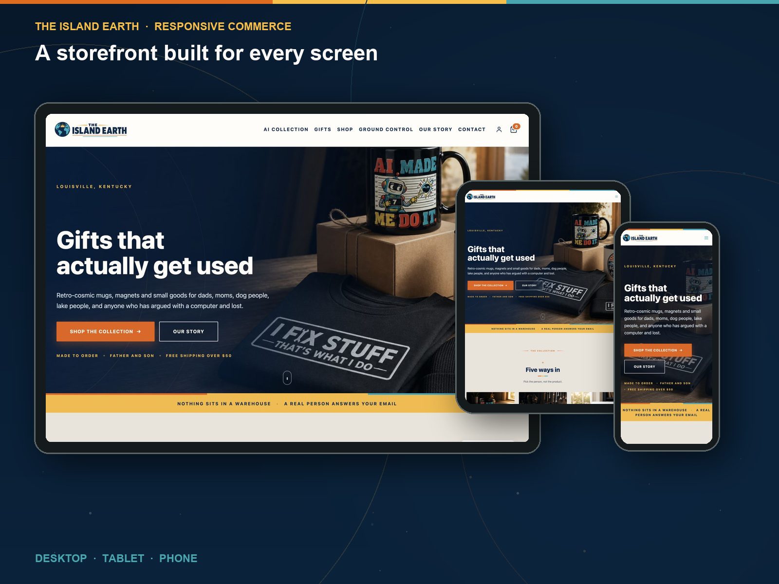 The Island Earth WooCommerce storefront shown on desktop, tablet and phone