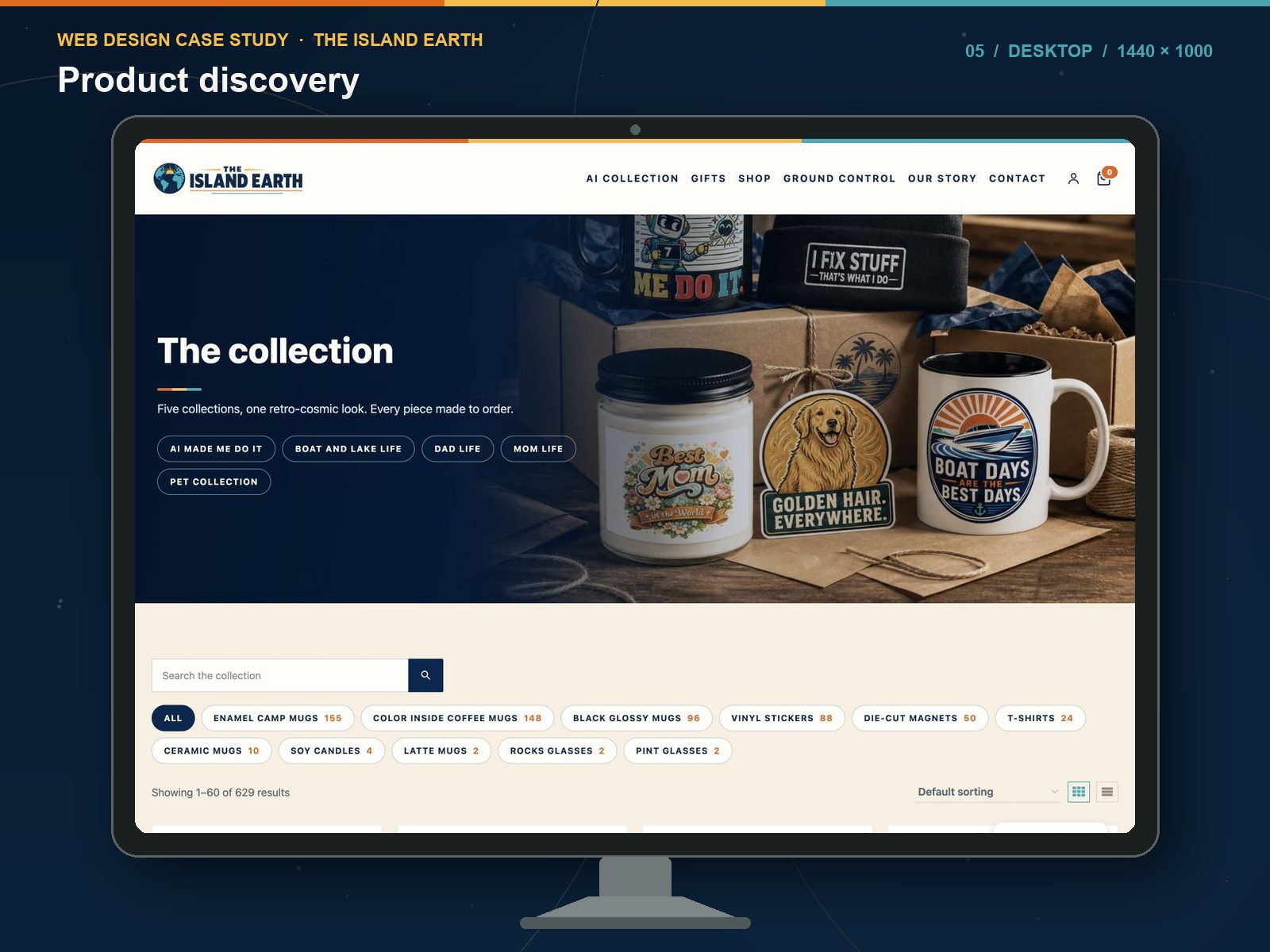 The Island Earth shop grid showing product discovery across a 630 product catalogue