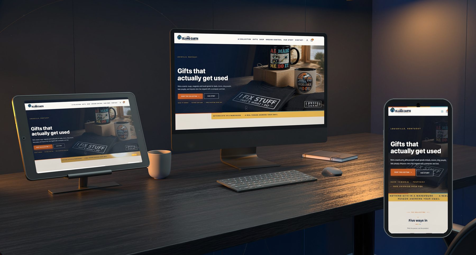 The Island Earth storefront on a monitor, tablet and phone on a walnut desk
