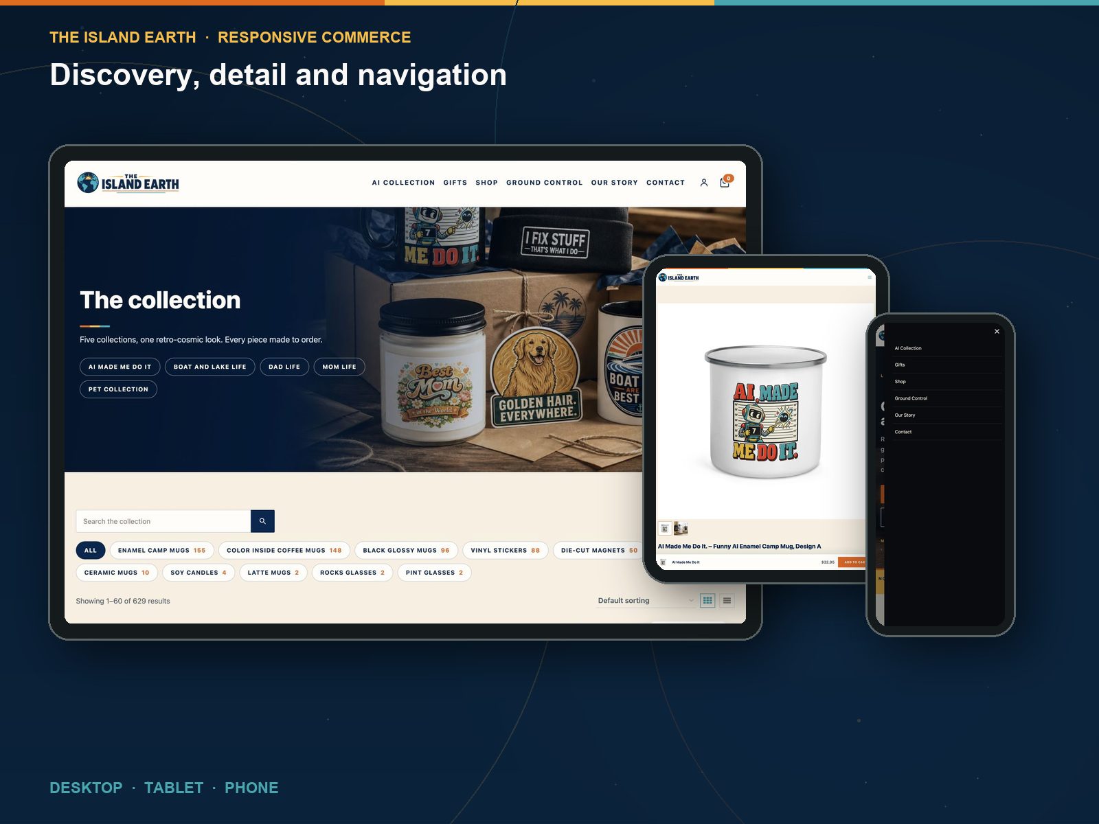 The Island Earth commerce journey from collection through product detail to cart