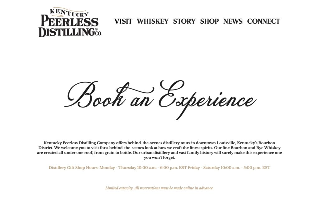 Book an Experience reservation landing page on the Kentucky Peerless website