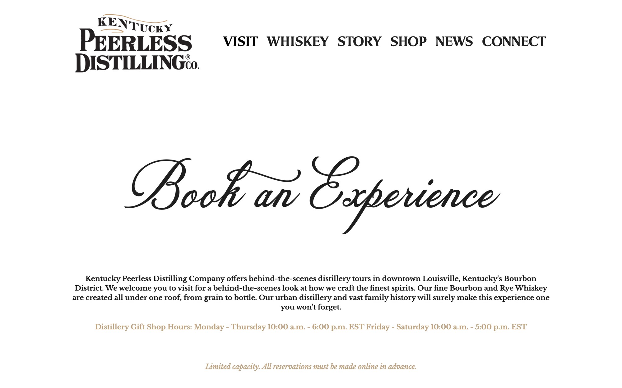 Book an Experience page on the Kentucky Peerless website, where distillery tours and tastings are reserved and paid online