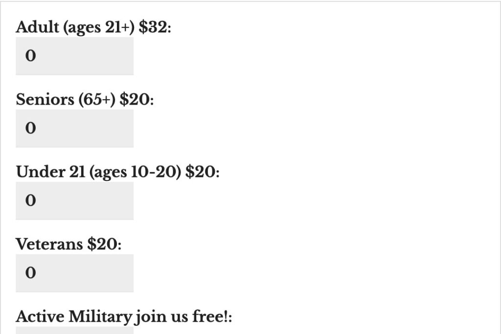 Ticket types on the Kentucky Peerless tour booking form, each with its own price and capacity