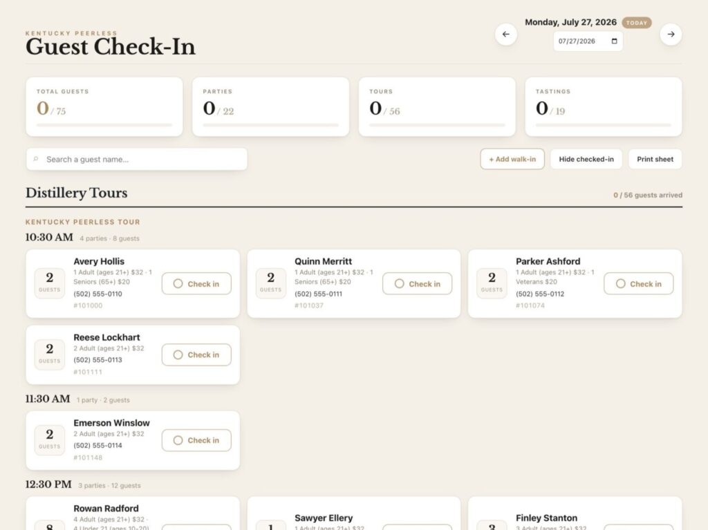Guest Check-In board showing a full tour day at Kentucky Peerless, fictional guest data shown