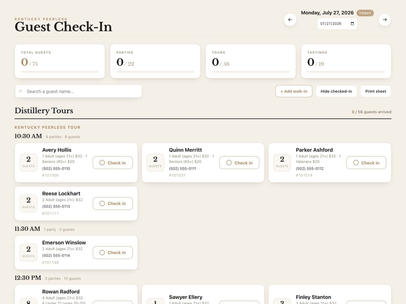 Guest Check-In board showing a full tour day at Kentucky Peerless, fictional guest data shown
