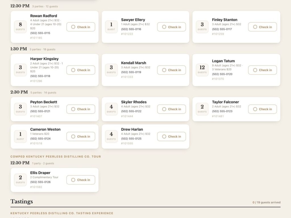 Check-in board time slots with party cards and one-tap check-in, fictional guest data shown