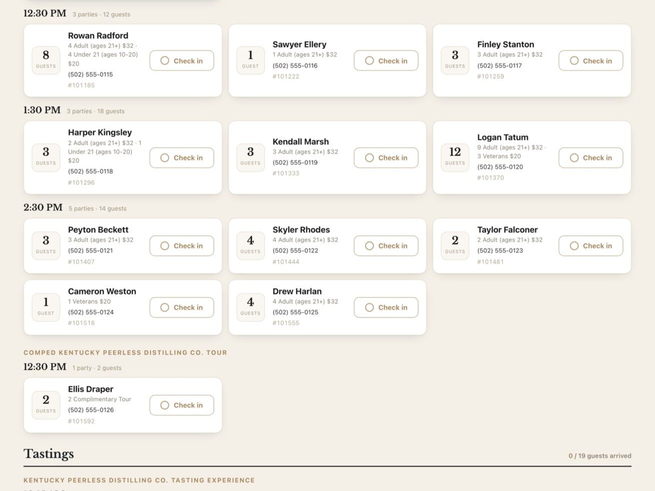 Check-in board time slots with party cards and one-tap check-in, fictional guest data shown