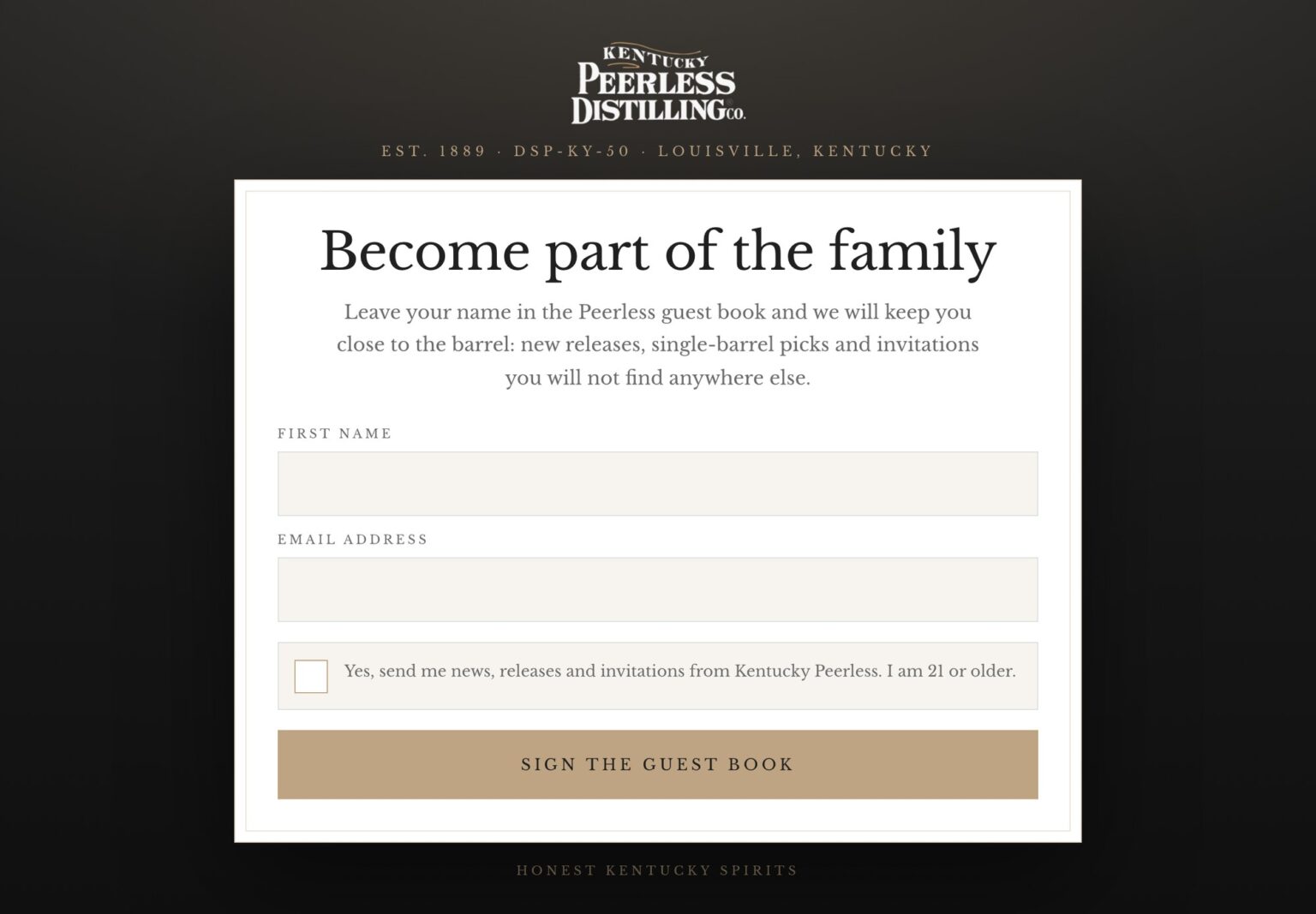 Branded digital guest book kiosk built for Kentucky Peerless Distilling Co., shown exactly as guests see it