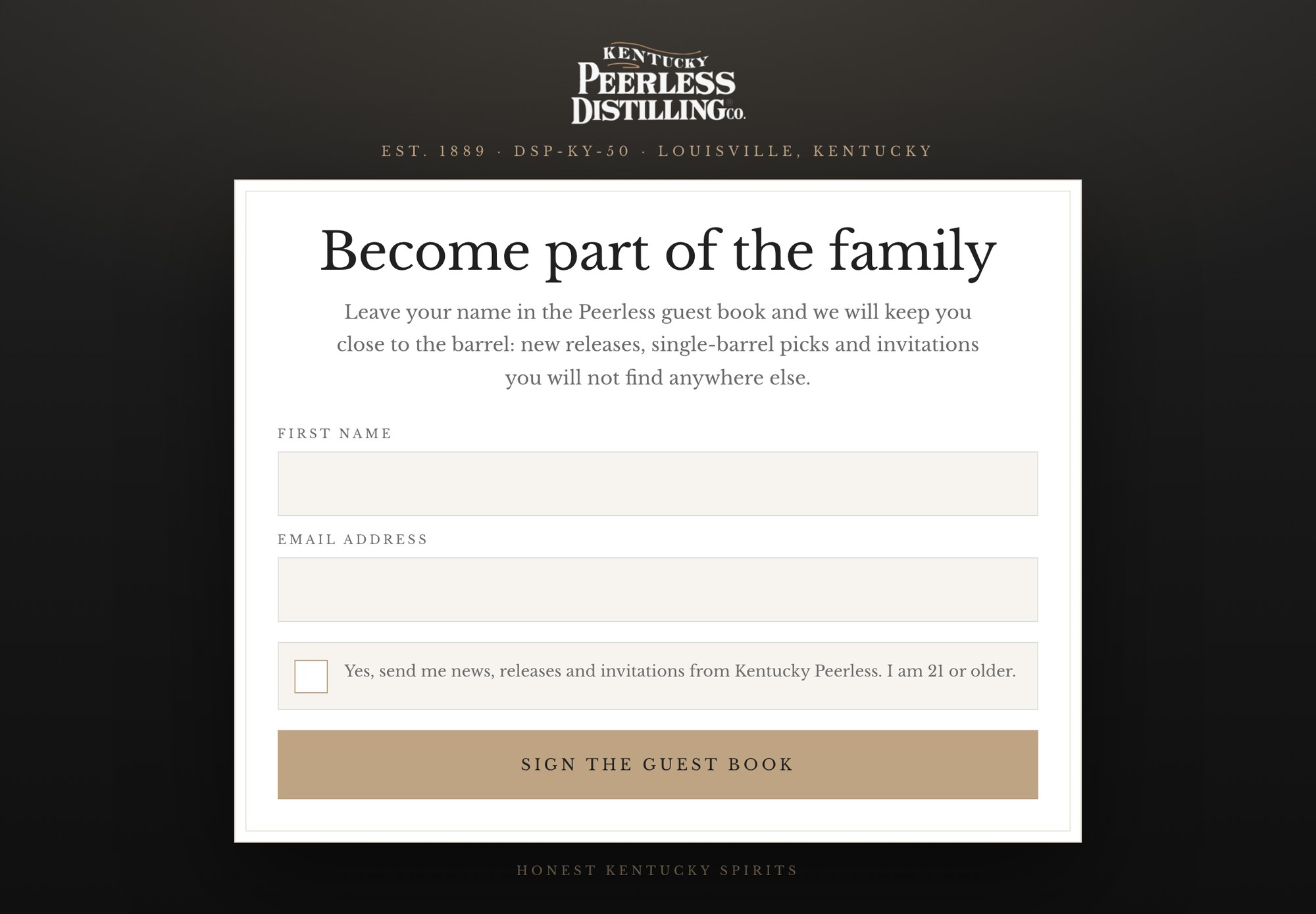Branded digital guest book kiosk built for Kentucky Peerless Distilling Co., shown exactly as guests see it