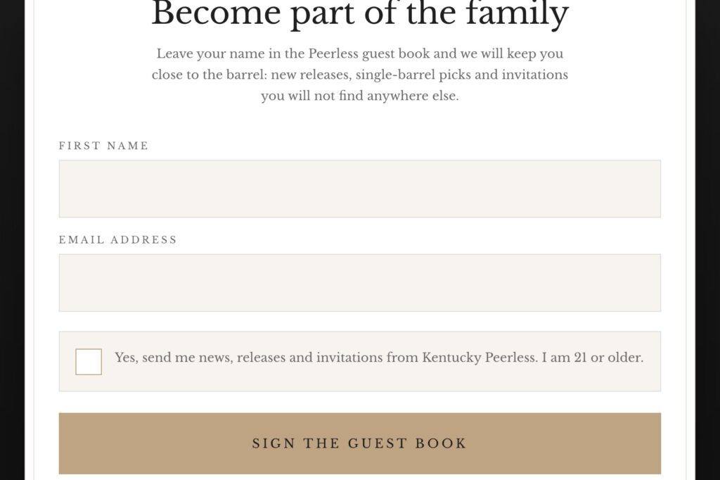 Guest book kiosk signup card with first name, email, and consent checkbox, as guests see it
