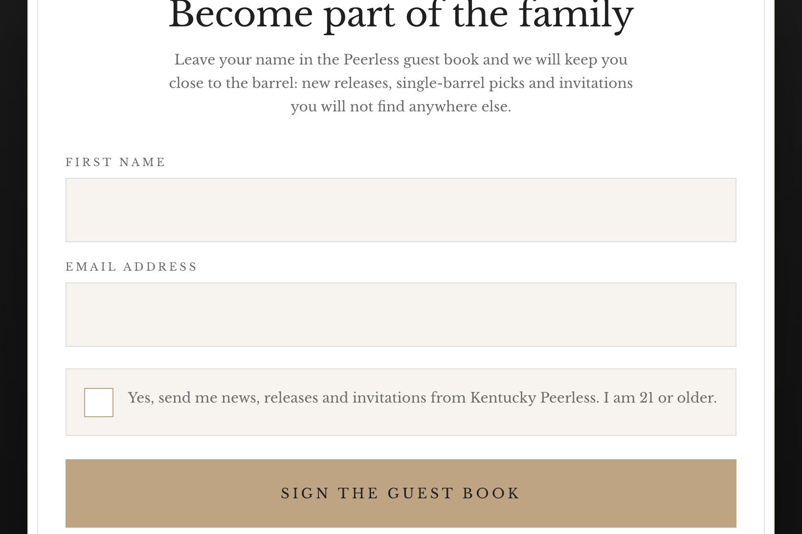 Guest book kiosk signup card with first name, email, and consent checkbox, as guests see it