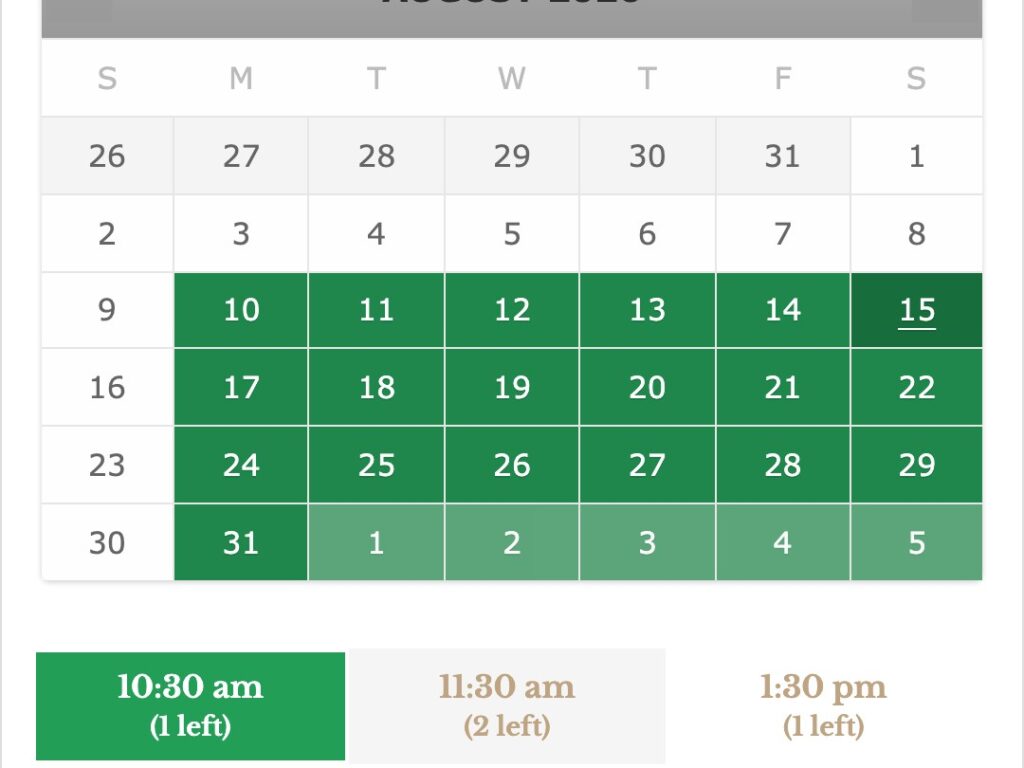 Live tour availability calendar with open time slots and seats remaining, from the Kentucky Peerless booking system