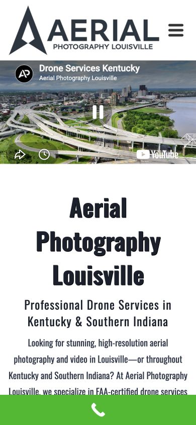 Exact capture of the Aerial Photography Louisville homepage on a 390-pixel phone.