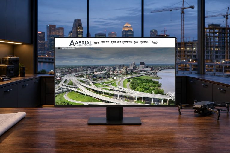 Aerial Photography Louisville website displayed in a executive drone operations and construction-progress studio.