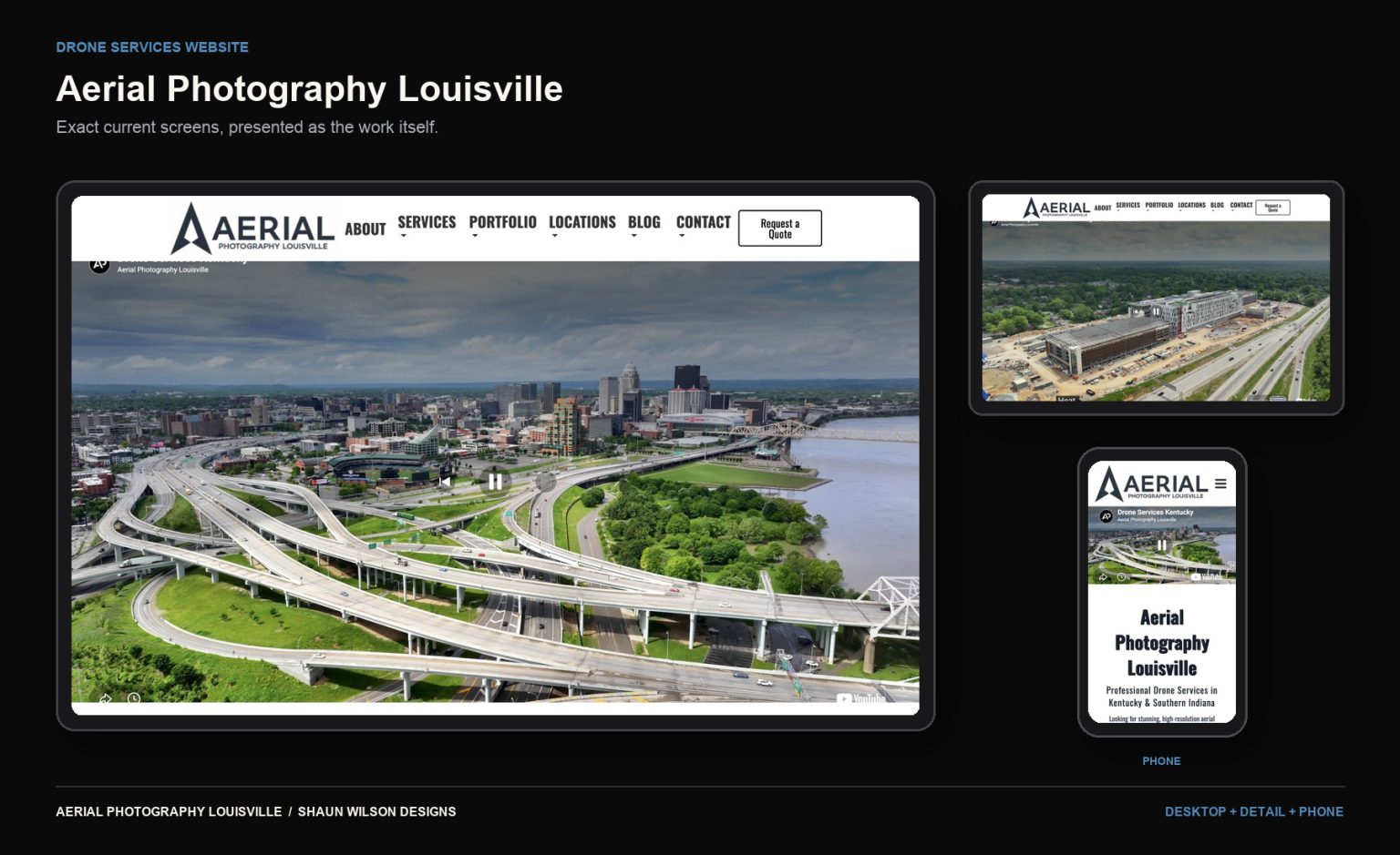 Current desktop, detail, and phone screens from the Aerial Photography Louisville website.